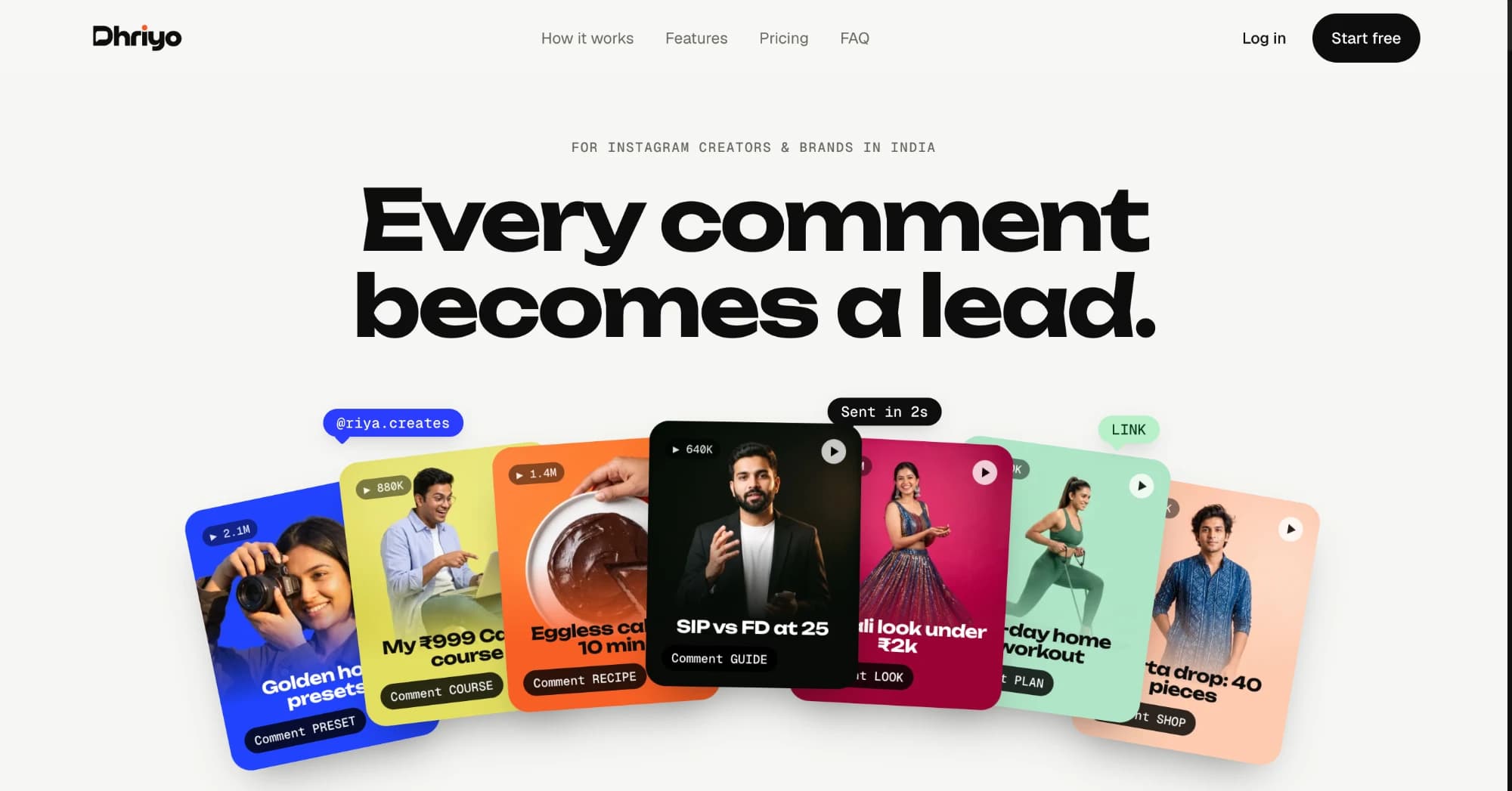 Dhriyo home page: Instagram reel cards, each with a comment keyword such as GUIDE or RECIPE