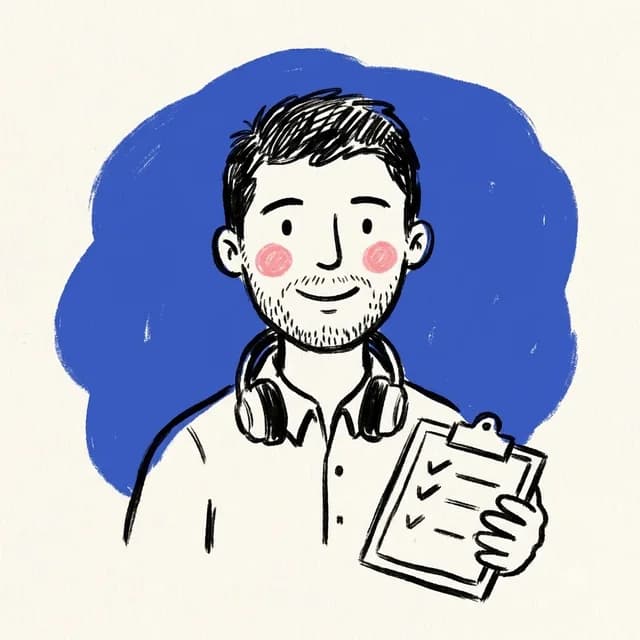 Illustrated portrait of Manish with a headset and a clipboard