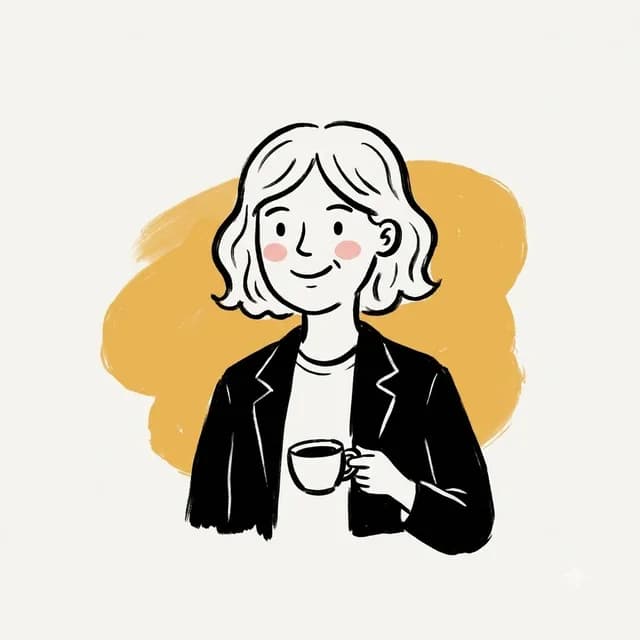 Illustrated portrait of Nikita holding a coffee mug
