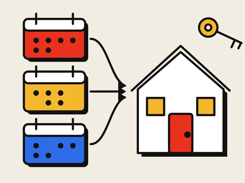 Three calendars joined by arrows to one house with a key